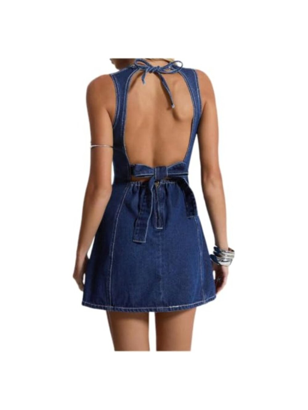 Y2K Mini Denim Dress Bow Tie Open Back Sleeveless Fit & Flare